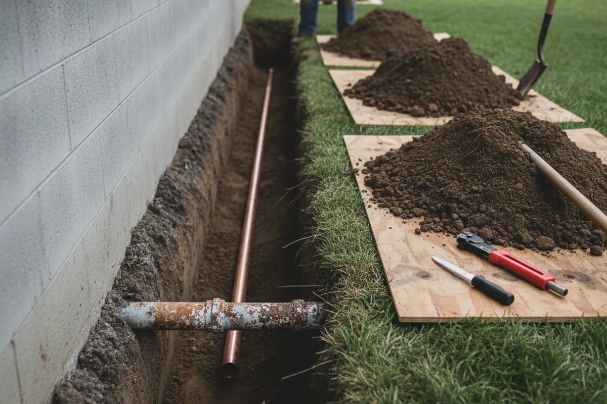 Excavated water line trench during Water Softener Installation in Port Royal